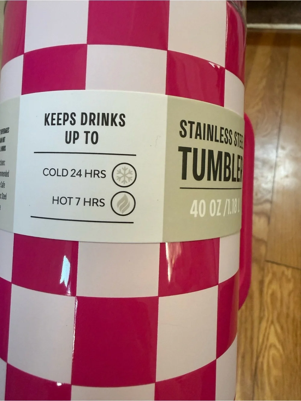 40 oz Pink Checkered Stainless Steel Tumbler with Handle and Straw
